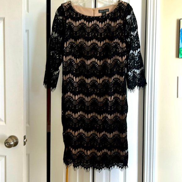 Black lace dress with beige liner- see through sleeves - Picture 1 of 4